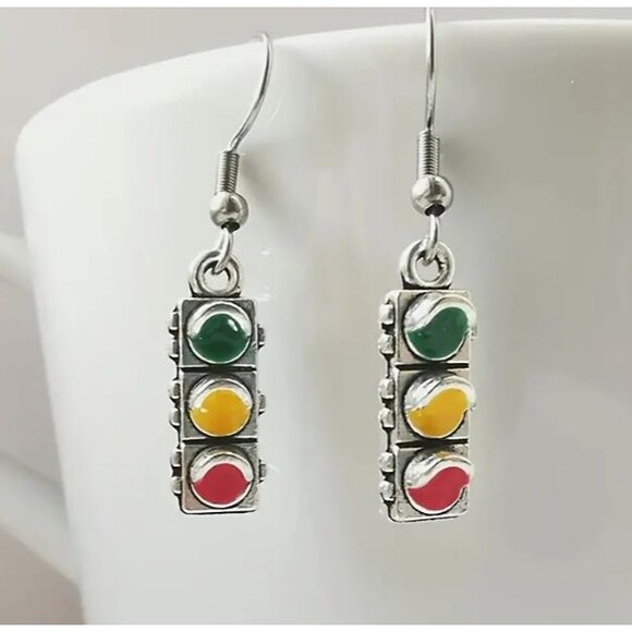 Stop Light Earrings Silver Dangle Red Green Yellow - Picture 3 of 8
